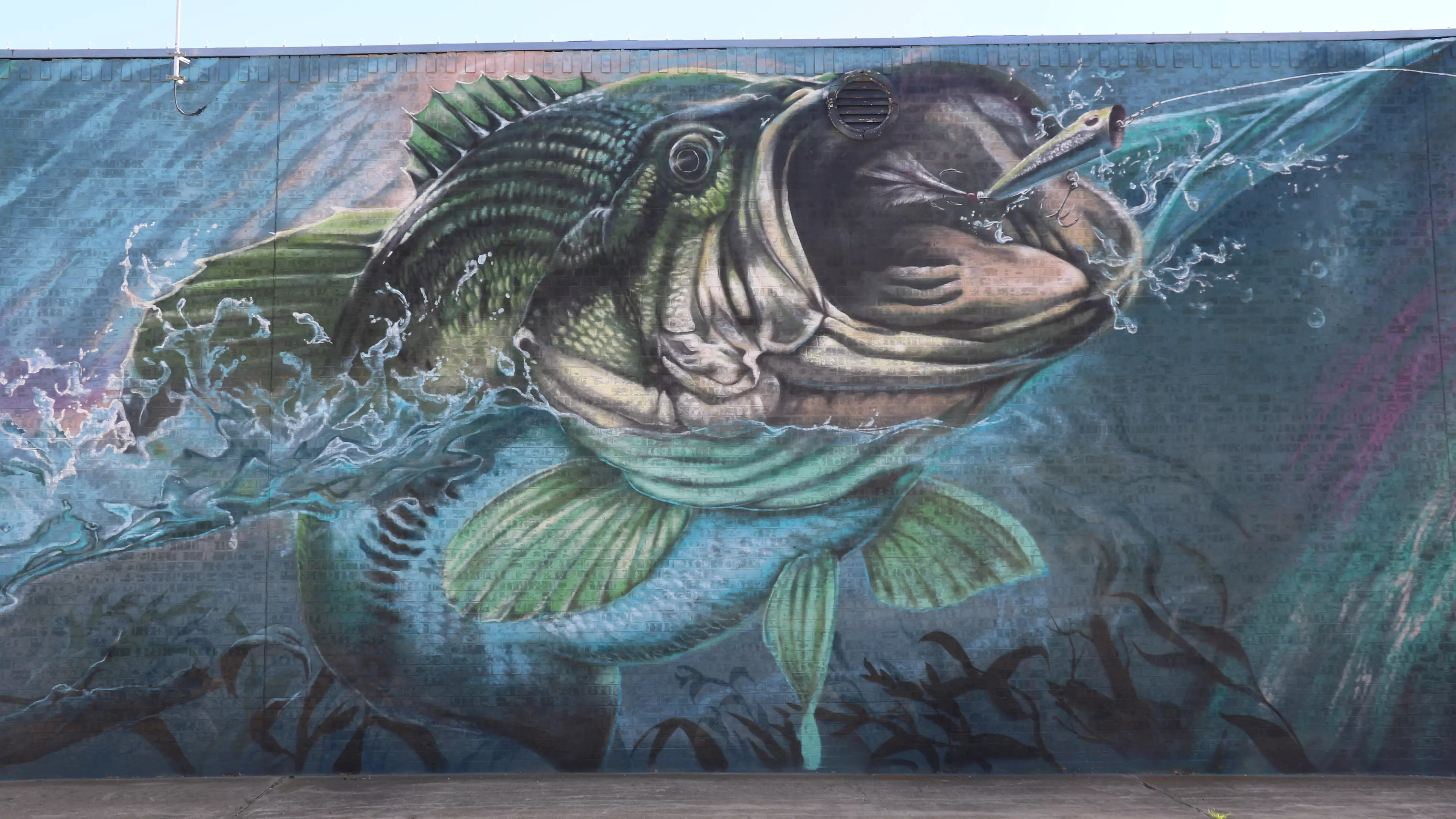 A large bass is painted on a downtown mural.